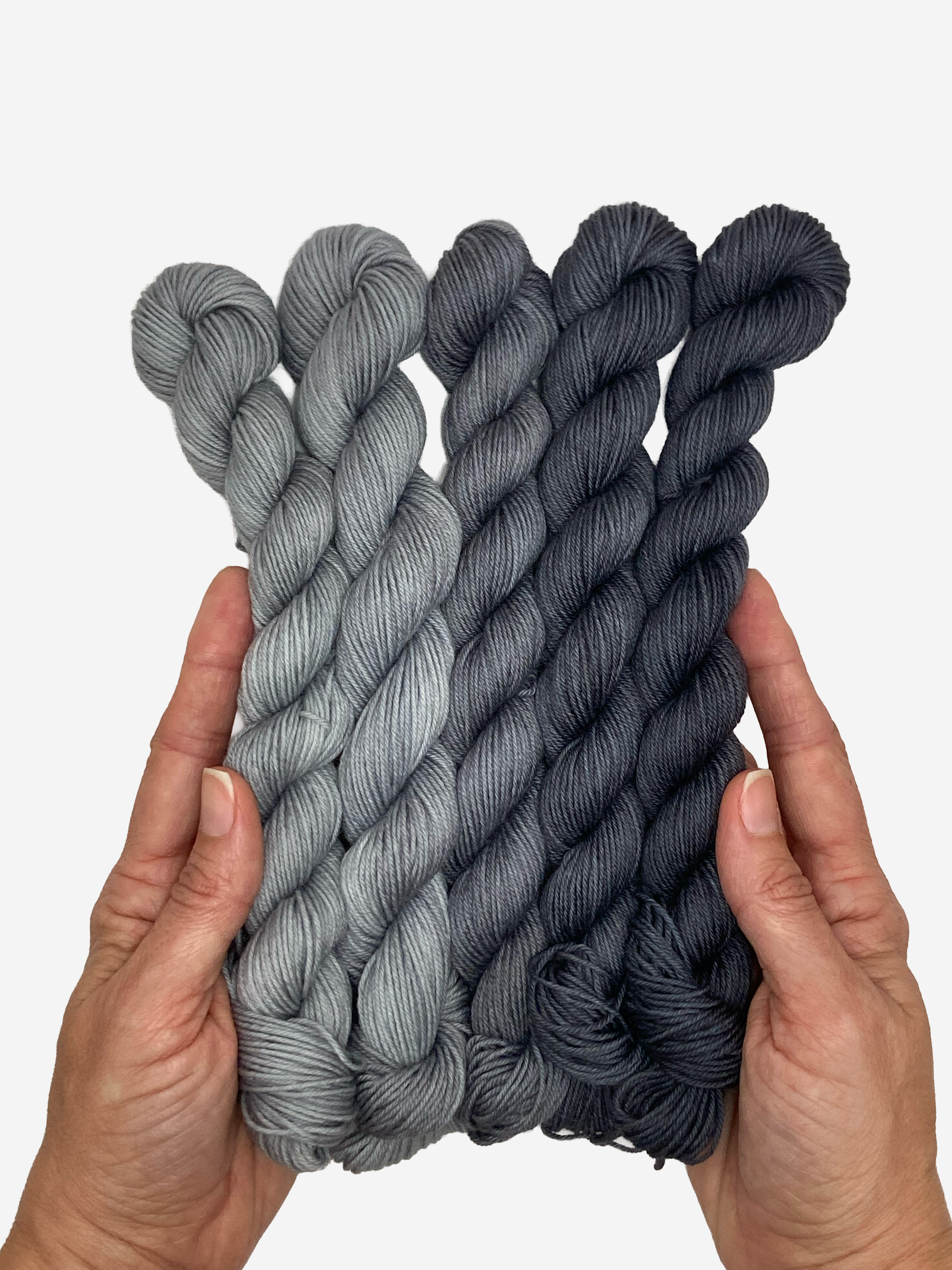 Slate Garden Tonal Yarn Set – Hand-Dyed Fingering Weight Mini Skeins | Silver, Ash & Slate Gradient
